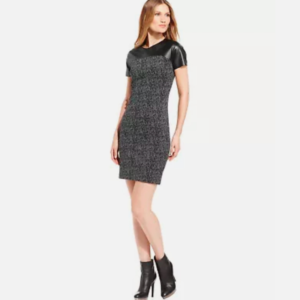 ✴️🪡🧵NEEDS LOVE MICHAEL KORS Faux Leather Yoke Short Sleeve Sheath Dress - 2 - Picture 6 of 16